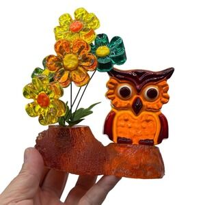 VTG 70s Lucite Orange Owl Daisy Flowers MCM Acrylic Kitschy Woodland Sculpture